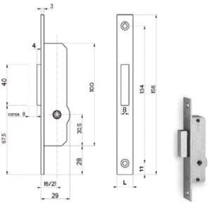 Serratura da Infilare. Montanti Alluminio F16 E16 KA 90334 Fiam